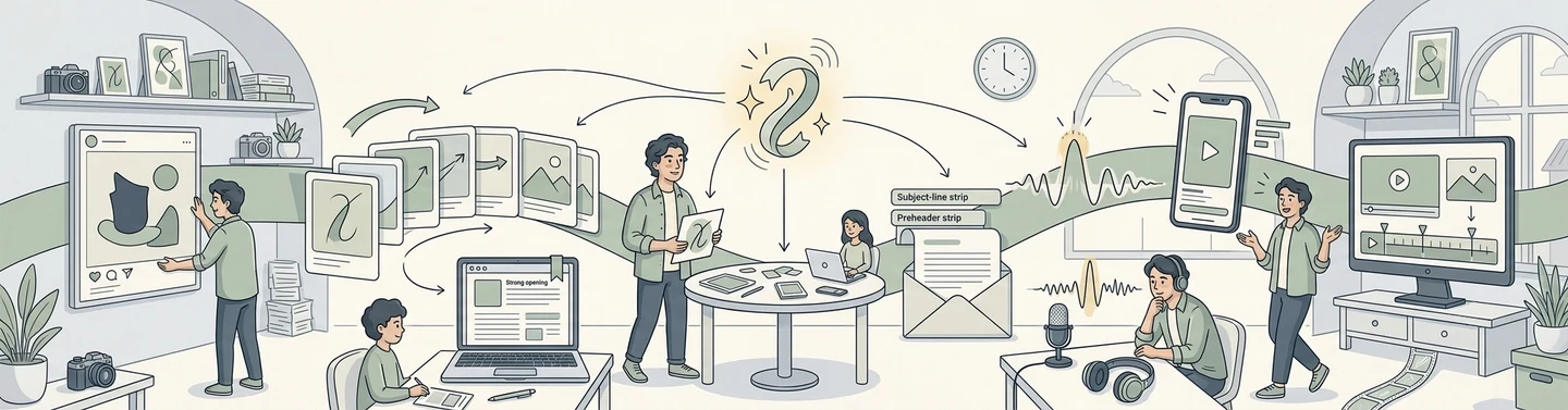 Where the hook sits in each format: a static post, a carousel, an article opening, an email subject line and preheader, a podcast cold open and a short video.