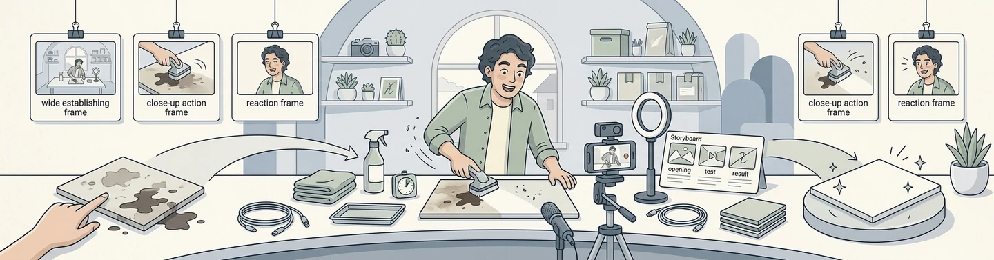 A demonstration video being planned and filmed: a wide establishing frame, a close-up of the action, and a reaction frame, with the test visible from the opening shot.