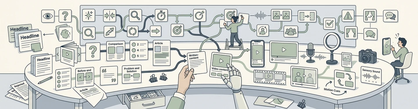 A wall of hook techniques mapped across written and video content, from headlines and carousels to opening frames, motion cues and sensory sound.