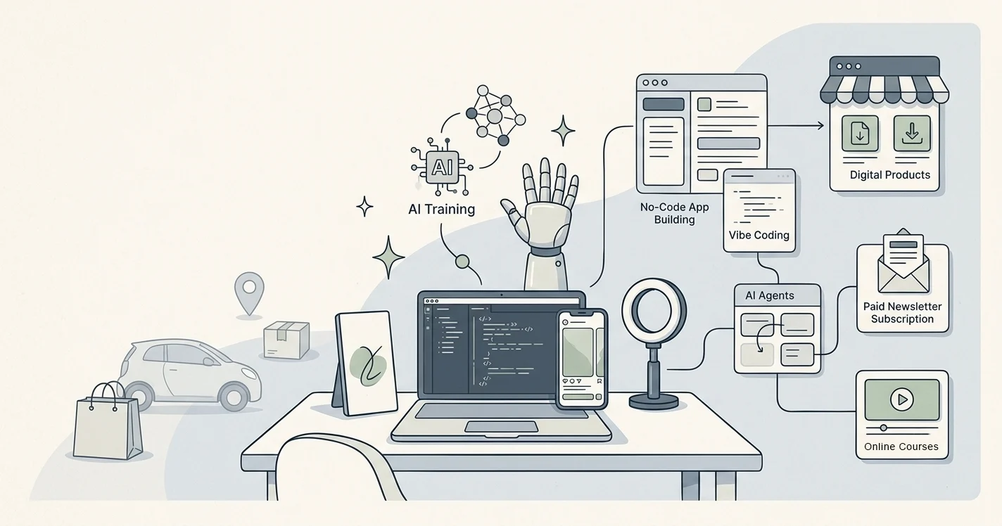Editorial illustration of a home workspace representing AI services, content creation, digital products, online businesses and local side hustles.