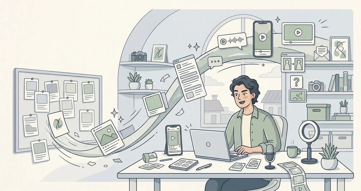 Editorial illustration of a creator at a desk planning content, with post drafts, carousels, captions and short video frames flowing from a planning board into published posts.